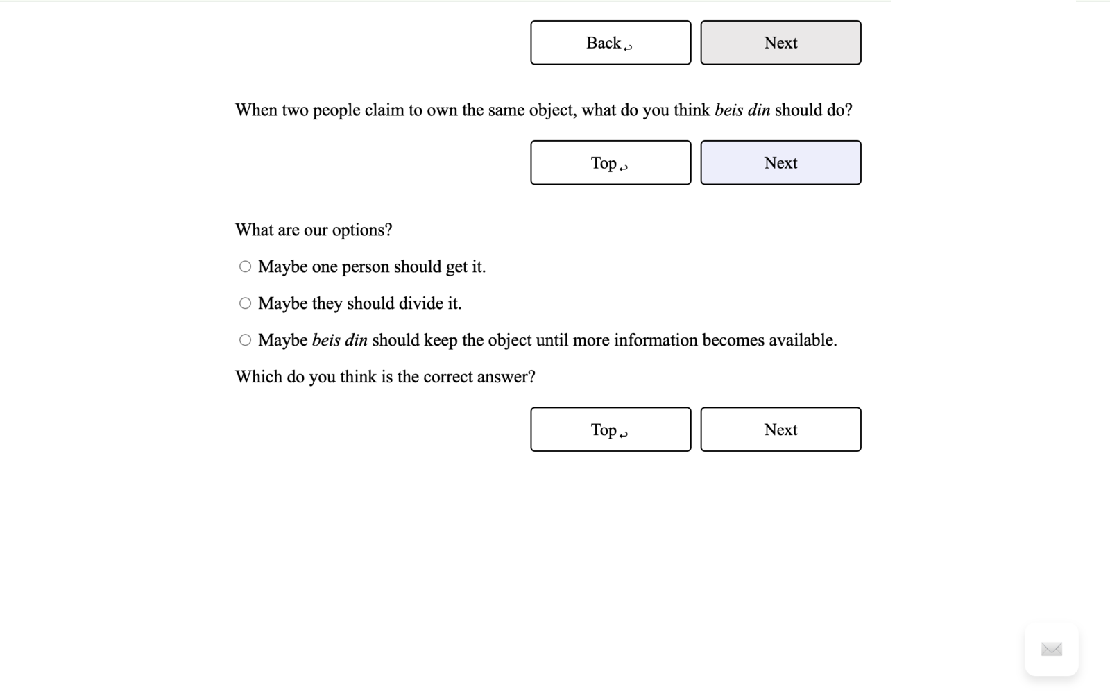 An interactive Hisbonen prediction asking how beis din should resolve disputed ownership.