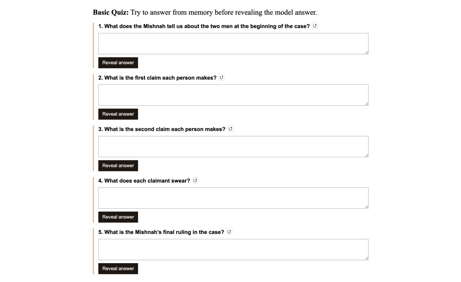 A Hisbonen quiz with written-response fields and Reveal answer buttons.