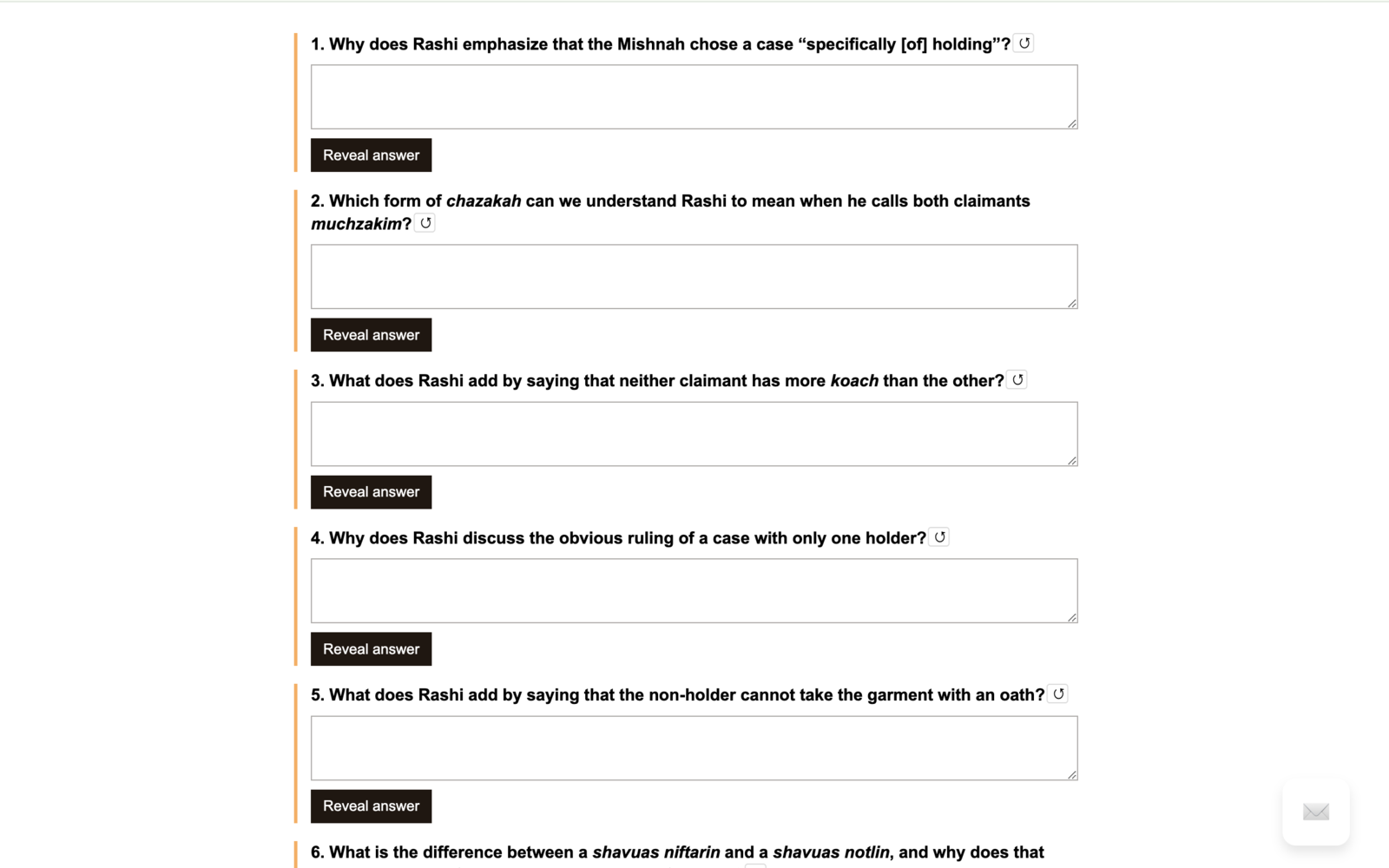 A Hisbonen quiz with written-response fields and Reveal answer buttons.